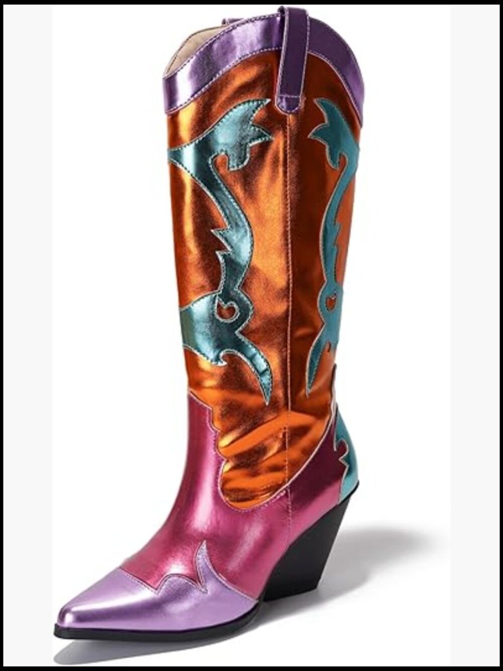 Metallic Colorblock Cowboy Boots Mid Calf 3 Inch Heel Pointed Toe Western Boots - Picture 1 of 7